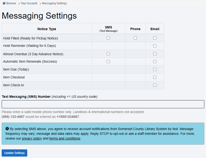 Example cardholder SMS messaging settings